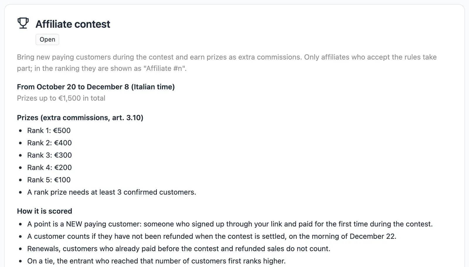 The Contest tab of the affiliate dashboard: dates, prizes and rules