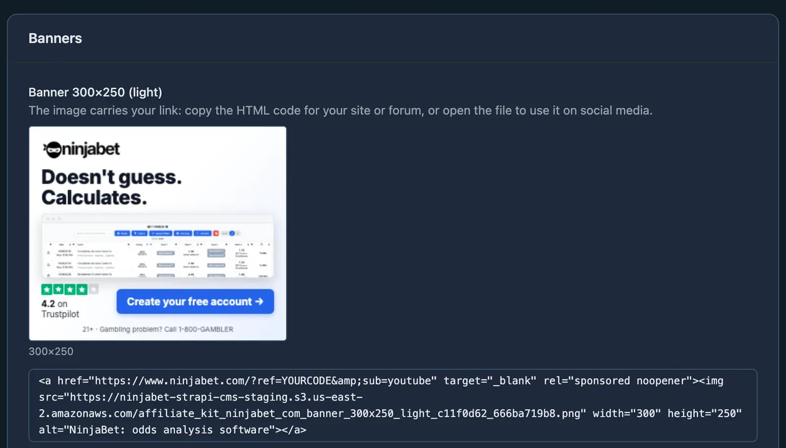 The creatives kit filtered on banners, with the HTML code that carries your link