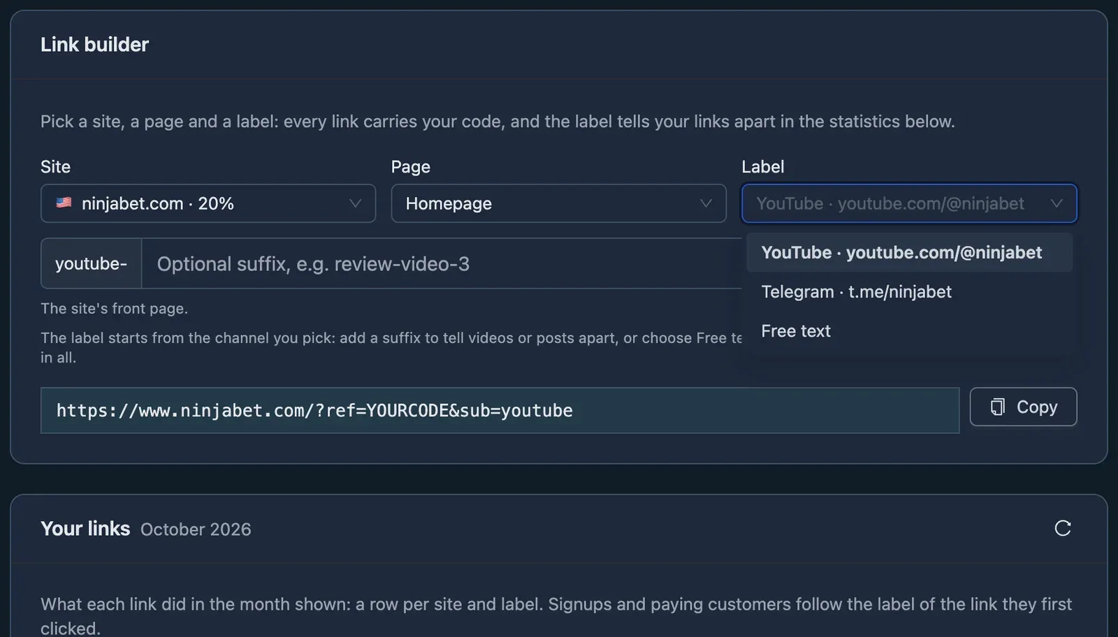 The link builder with the label picker open