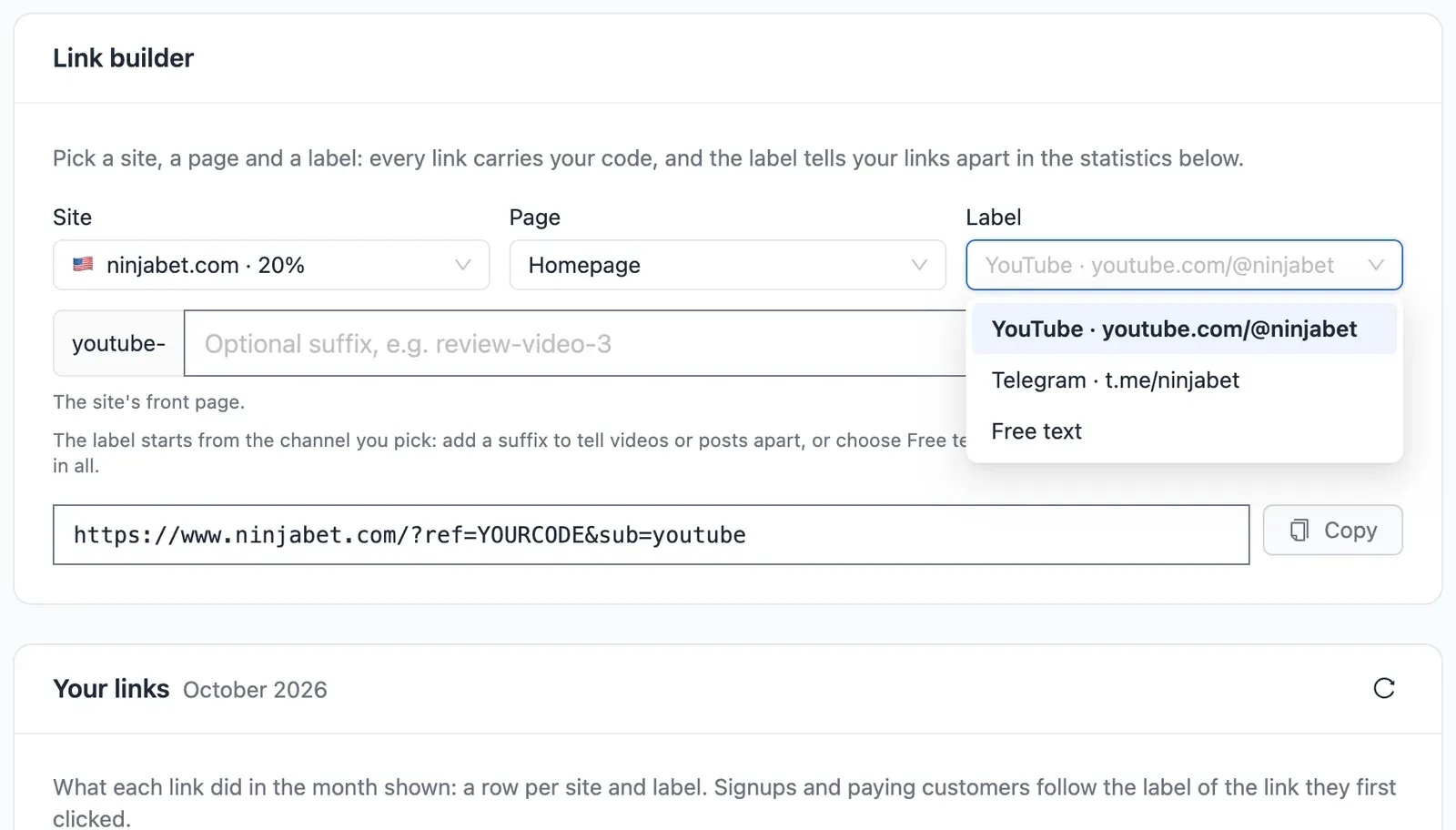 The link builder with the label picker open