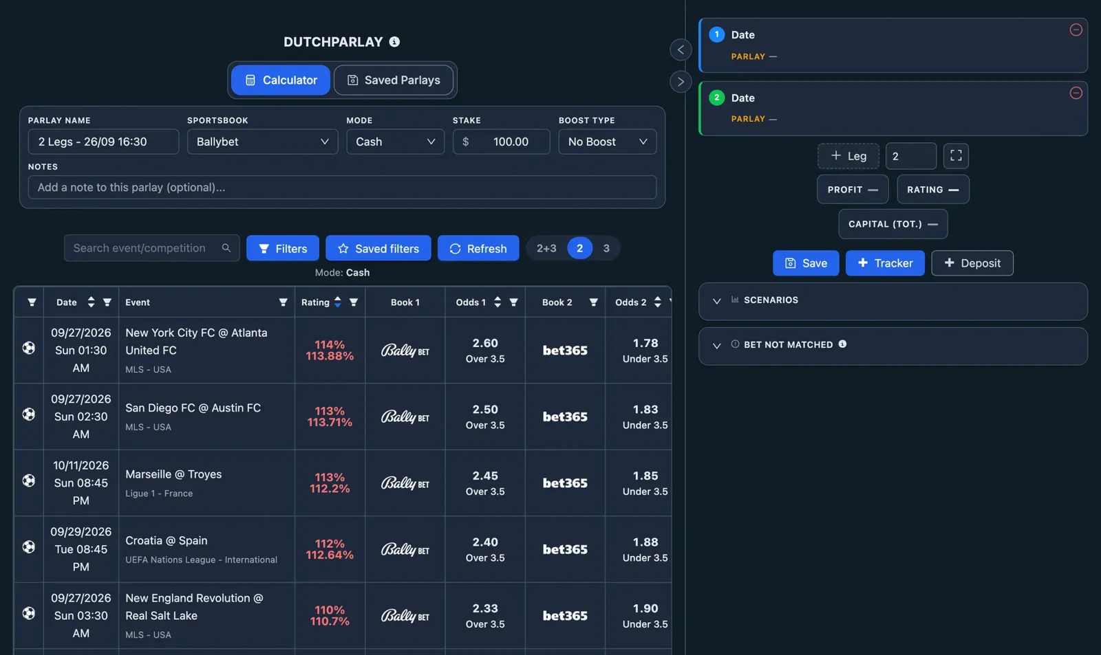 Screenshot of NinjaBet Parlay Finder: a parlay being built leg by leg, with the odds and the hedge bet of each selection