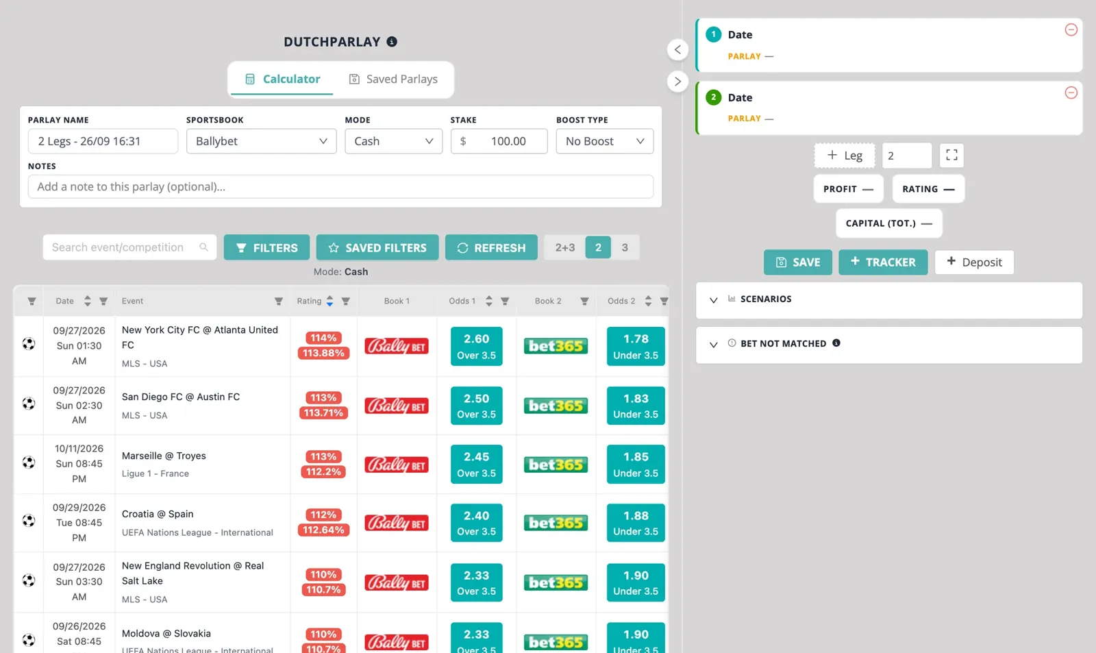 Screenshot of NinjaBet Parlay Finder: a parlay being built leg by leg, with the odds and the hedge bet of each selection