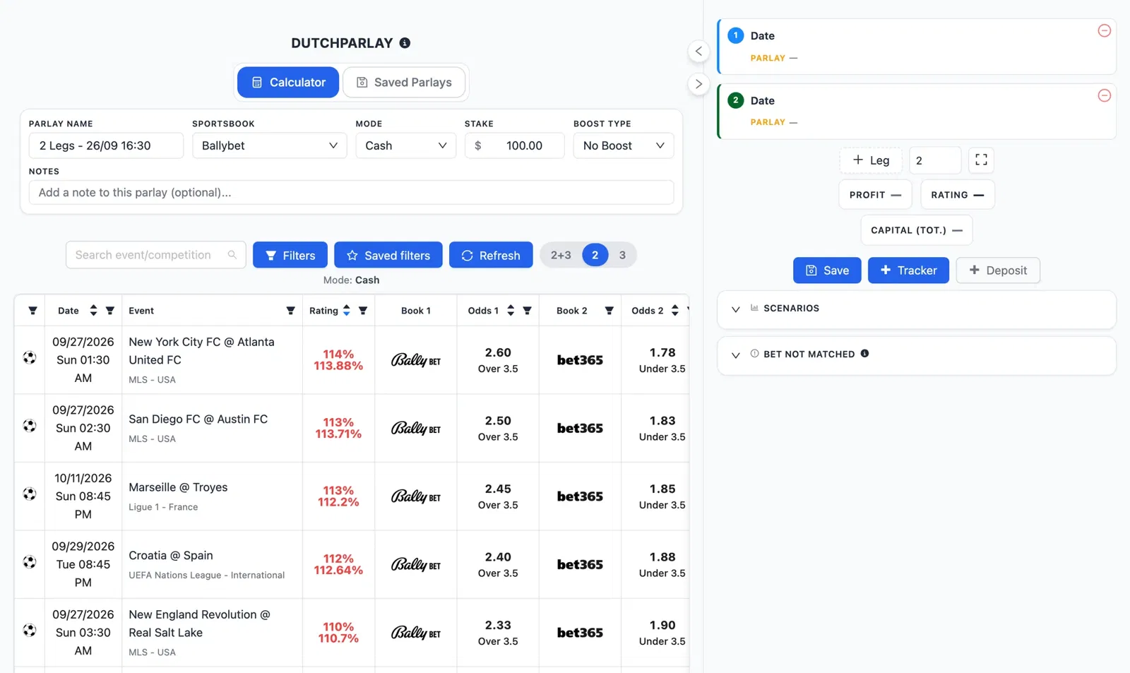 Screenshot of NinjaBet Parlay Finder: a parlay being built leg by leg, with the odds and the hedge bet of each selection