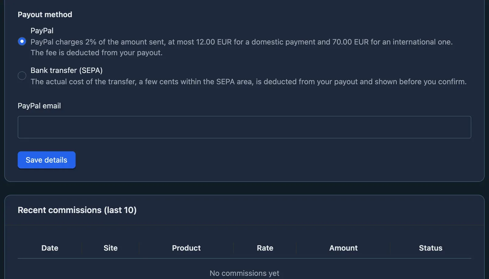 Choosing the payout method: PayPal or bank transfer