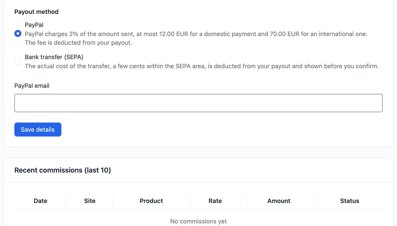 Choosing the payout method: PayPal or bank transfer