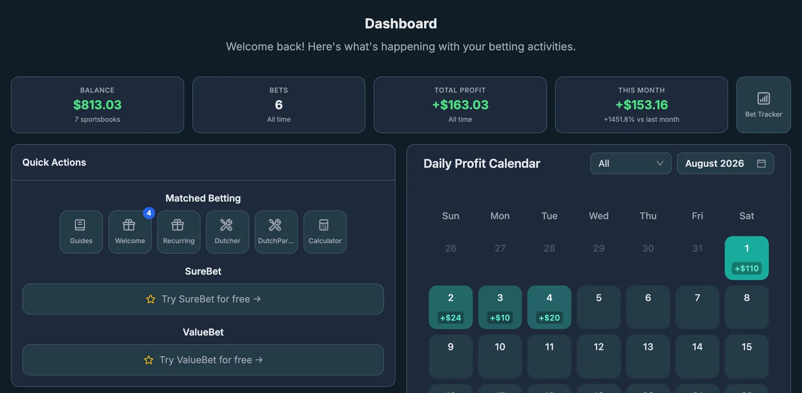 NinjaBet dashboard